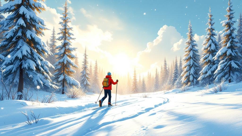 Cross-country skiing through a sunlit Lapland forest in March