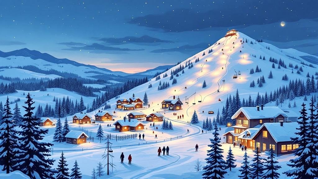 Illustrated Levi ski resort village with gentle fell, lit slopes and cozy cabins