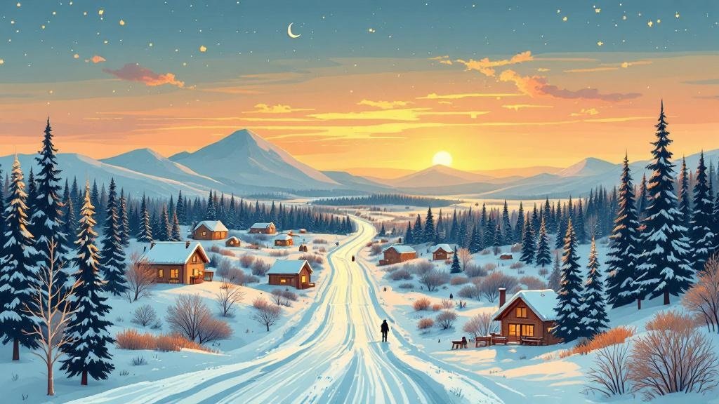 Illustrated week-long journey: winding road connecting three bases, different scenes at each stop, epic travel narrative