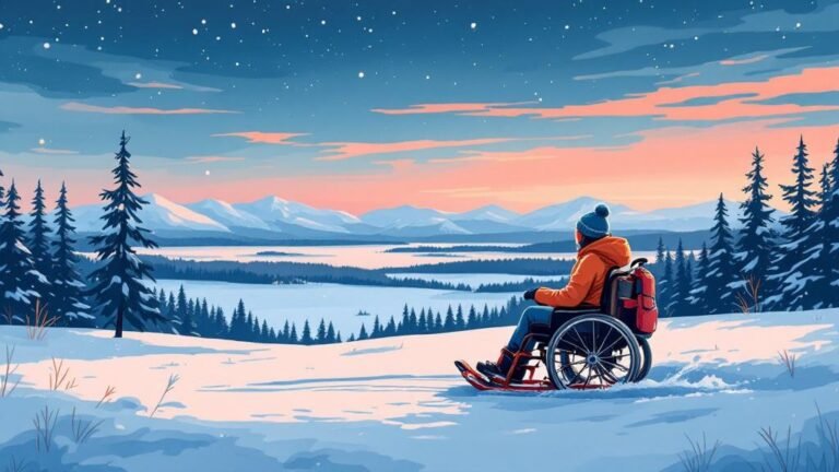 Illustrated accessible travel: person in wheelchair enjoying snowy landscape with adapted sled, inclusive and joyful