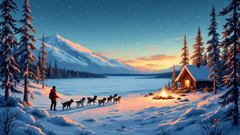 Illustrated epic adventure: husky team crossing vast frozen wilderness, camper at wilderness hut fire, dramatic northern sky, rugged and bold