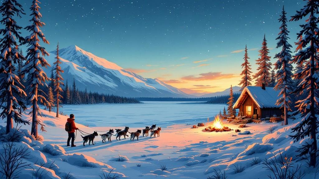 Illustrated epic adventure: husky team crossing vast frozen wilderness, camper at wilderness hut fire, dramatic northern sky, rugged and bold