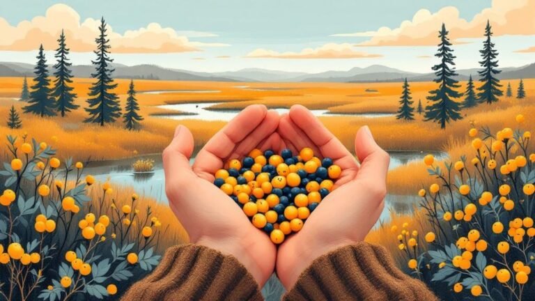 Illustrated berry picking: hands holding golden cloudberries, bog landscape, close-up detail with wide landscape