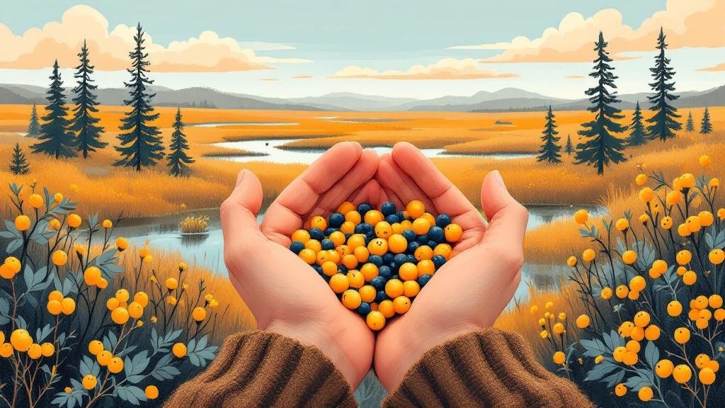 Illustrated berry picking: hands holding golden cloudberries, bog landscape, close-up detail with wide landscape