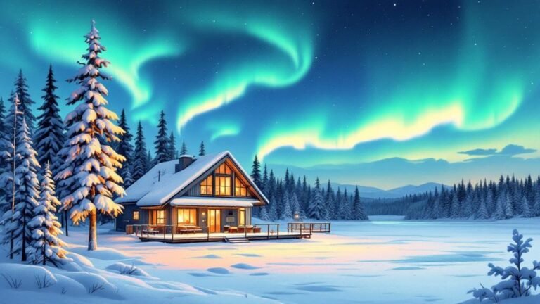 Illustrated wilderness lodge on frozen Lake Inari with aurora overhead