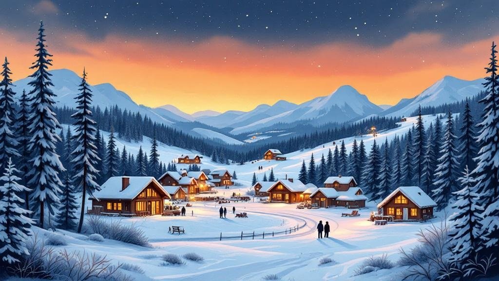 Illustrated Levi village: cabins near ski slopes, warm lights, fell backdrop, resort atmosphere with nature