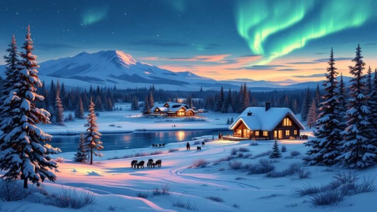 Illustrated riverside resort in Muonio with aurora dome and peaceful winter scenery
