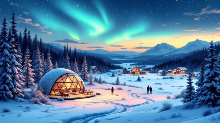 Illustrated Saariselkä area: glass igloos under aurora, wilderness lodge, village hotels, national park in background