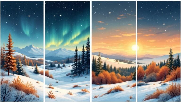 Illustrated split into 4 seasonal panels: snowy winter night with aurora, spring sunshine on snow, green midnight sun forest, golden autumn colors