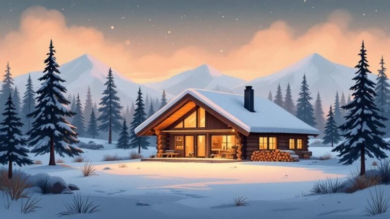 Illustrated cozy log cabin: snow on roof, warm light inside, sauna chimney smoking, firewood stacked outside, hygge atmosphere