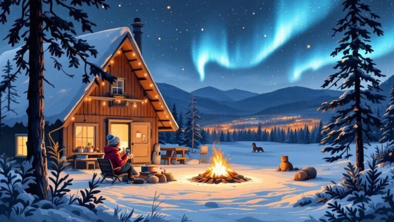 Illustrated budget adventure: happy traveler at cabin cooking, skiing on free trail, watching aurora with hot drink, rich experience low cost