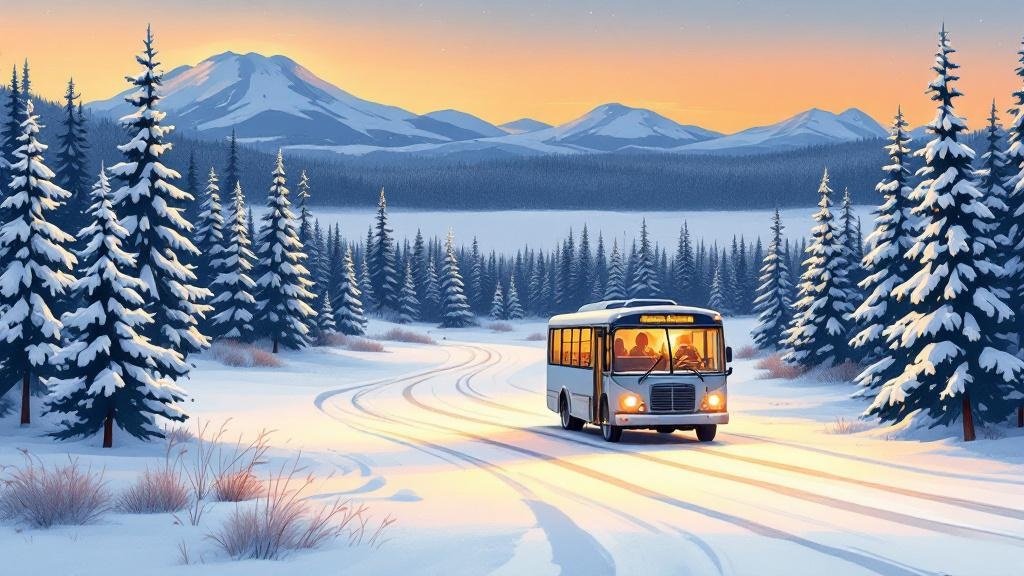 Illustrated bus on snowy road between snow-covered trees, warm light inside bus, Lapland landscape, practical but charming