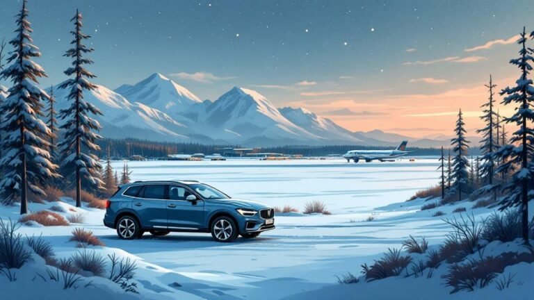 Illustrated rental car at snowy airport: car with studded tires, airport in background