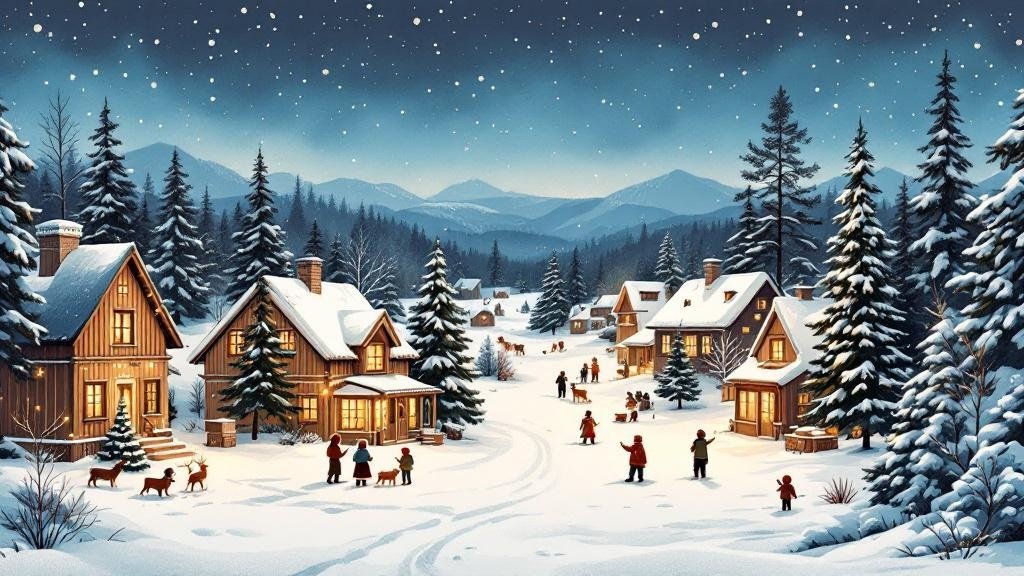 Illustrated cozy Christmas: snow-covered village with warm lights, Santa's workshop style building, reindeer, children playing