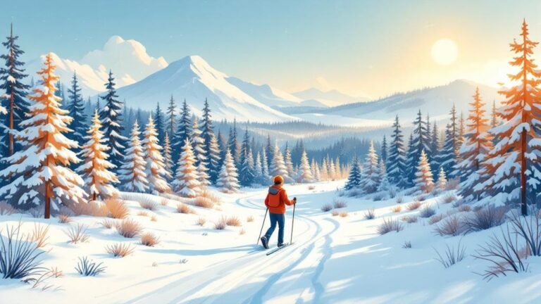 Illustrated cross-country scene: skier on maintained trail through sunlit snowy forest, peaceful Finnish atmosphere