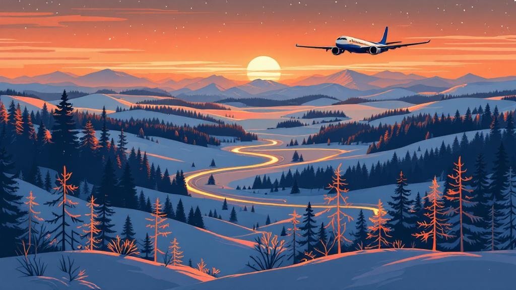 Illustrated plane flying from UK toward Finland map, winter route visualization