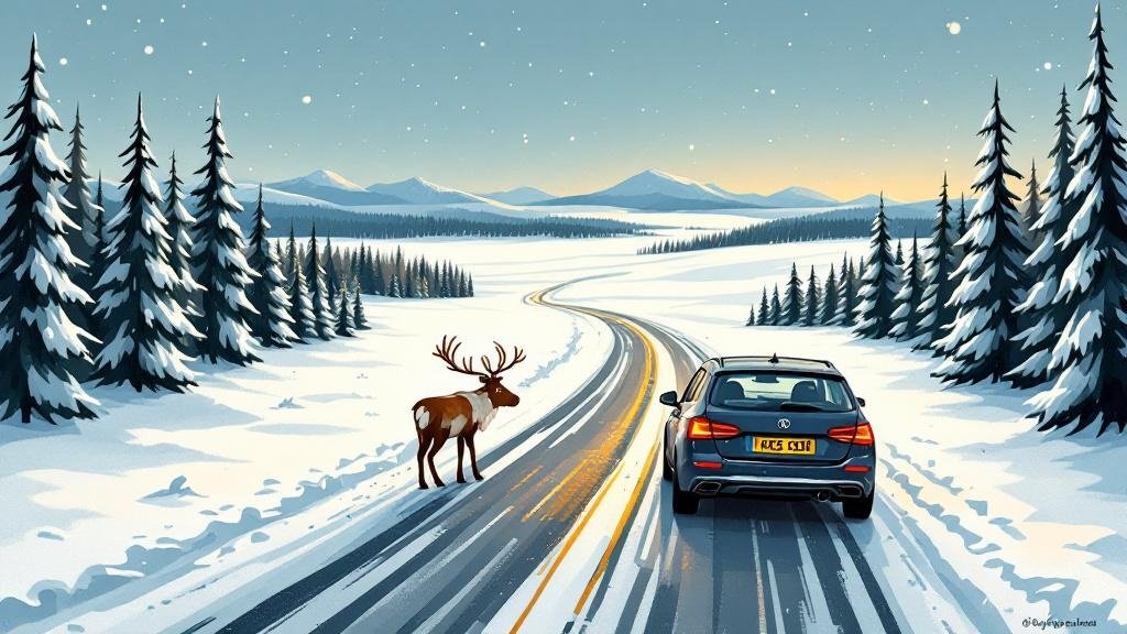 Illustrated snowy road scene: car stopped for reindeer crossing, snowy forest on both sides, humorous reindeer expression