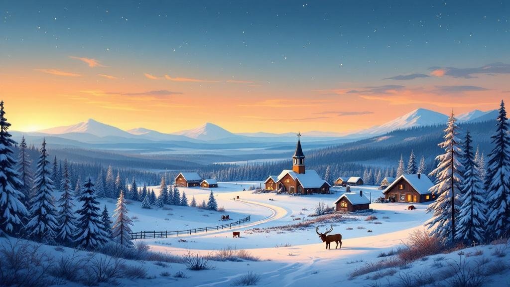 Illustrated remote village: tiny settlement surrounded by vast wilderness, reindeer herd nearby, endless horizon
