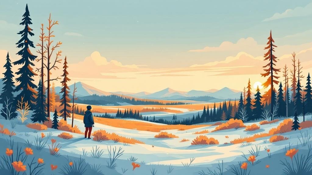 Illustrated phrase card: key Finnish words with fun phonetic guides, warm educational style, traveler trying to pronounce them