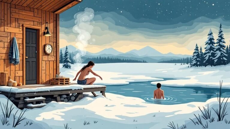Illustrated sauna scene: wooden sauna interior with steam, someone about to jump into icy lake outside, humorous contrast of hot and cold