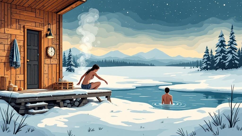 Illustrated sauna scene: wooden sauna interior with steam, someone about to jump into icy lake outside, humorous contrast of hot and cold