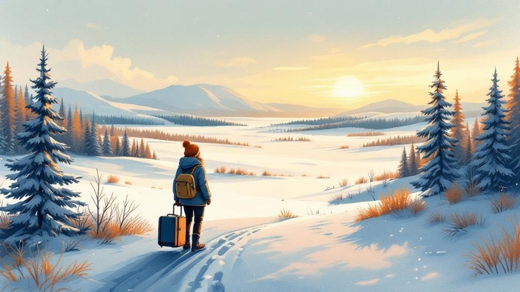 Illustrated wide-eyed traveler arriving in snowy Lapland, suitcase in hand, looking amazed at vast snowy landscape