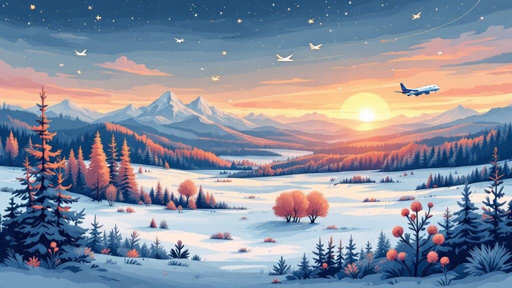 Illustrated European map with flight paths converging on Finnish Lapland, airplane icons