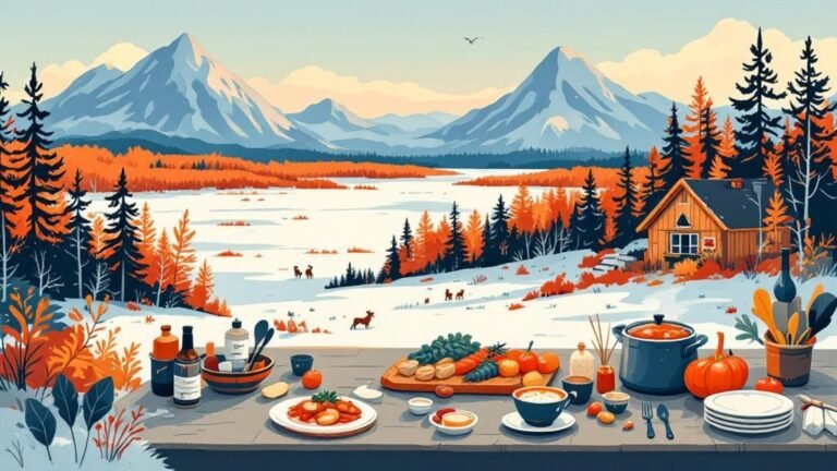 Illustrated food scene: plate of reindeer stew, cabin kitchen with groceries, restaurant menu, warm cozy eating atmosphere
