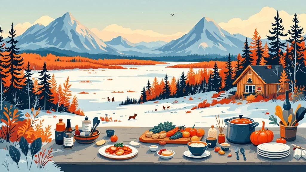 Illustrated food scene: plate of reindeer stew, cabin kitchen with groceries, restaurant menu, warm cozy eating atmosphere