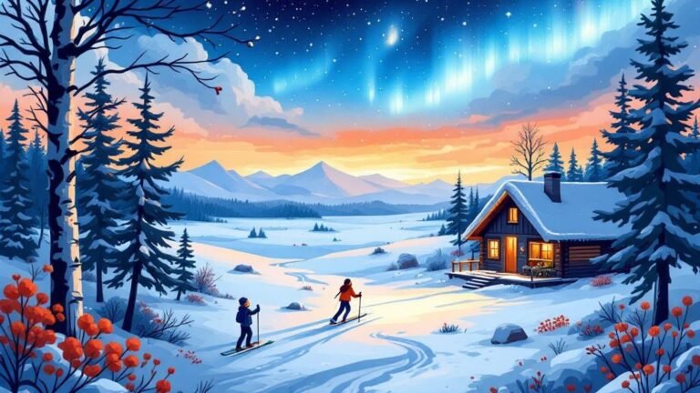 Illustrated free activities montage: person skiing free trail, aurora watching from cabin porch, berry picking, all joyful and free