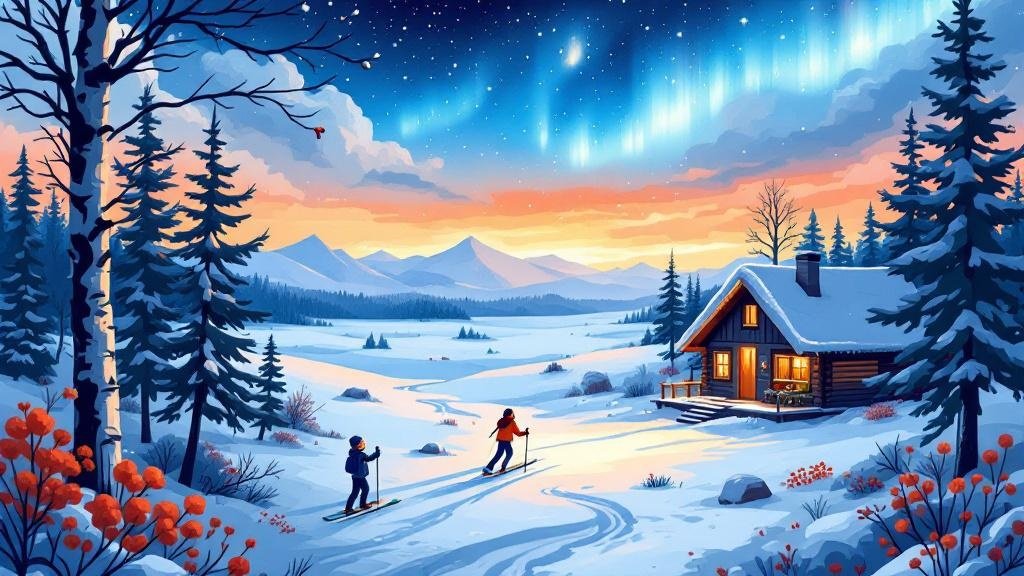 Illustrated free activities montage: person skiing free trail, aurora watching from cabin porch, berry picking, all joyful and free