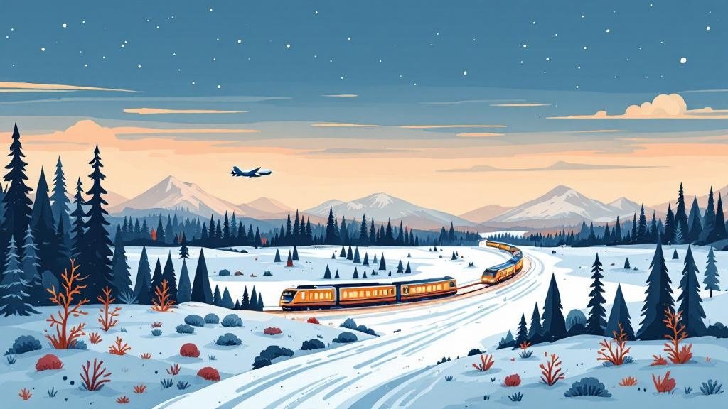 Illustrated transport options: plane, train, car on snowy road, all heading north toward Lapland