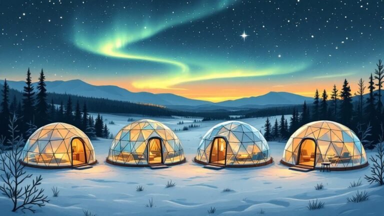 Illustrated glass igloo comparison: 4 different igloo styles side by side, aurora overhead, comparison arrows