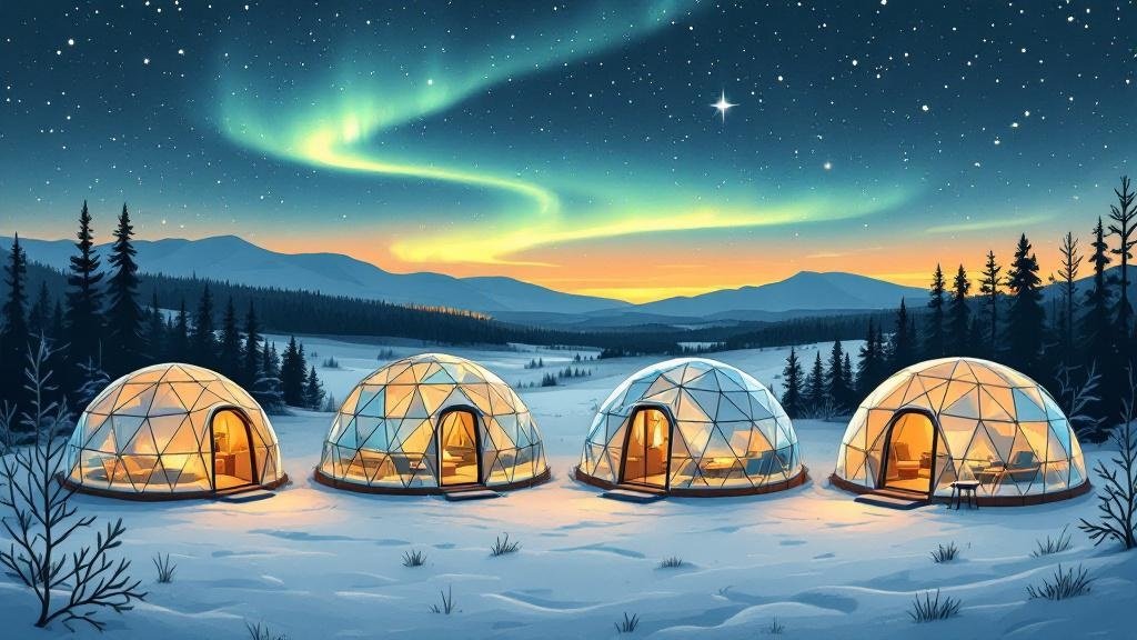 Illustrated glass igloo comparison: 4 different igloo styles side by side, aurora overhead, comparison arrows