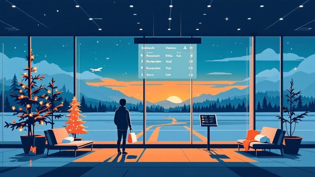 Illustrated Helsinki airport: modern terminal, person checking departures board showing Rovaniemi/Kittilä/Ivalo, clean Nordic design