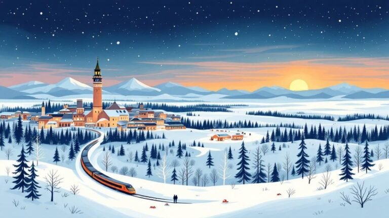 Illustrated dual destination: Helsinki modern design cityscape transitioning to snowy Lapland landscape, connected by night train
