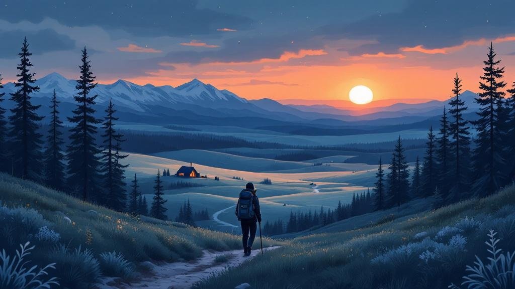 Illustrated fell hiking: person on trail with vast green landscape, midnight sun, wilderness hut in distance, freedom and space