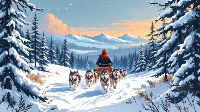 Illustrated husky team running through snowy forest: energetic happy dogs, person driving sled, powder flying, pure joy scene