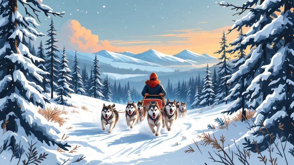 Illustrated husky team running through snowy forest: energetic happy dogs, person driving sled, powder flying, pure joy scene