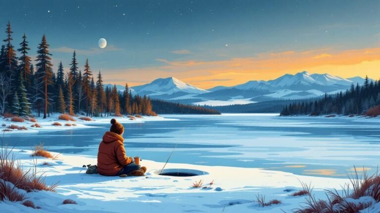 Illustrated peaceful ice fishing: person sitting by hole in ice on vast frozen lake, thermos of coffee, fell in distance