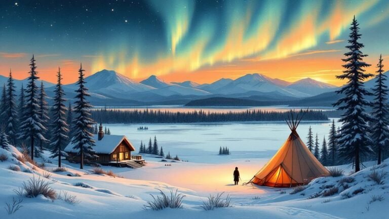Illustrated Sámi heartland: Siida museum, frozen Lake Inari, traditional lavvu tent, aurora overhead