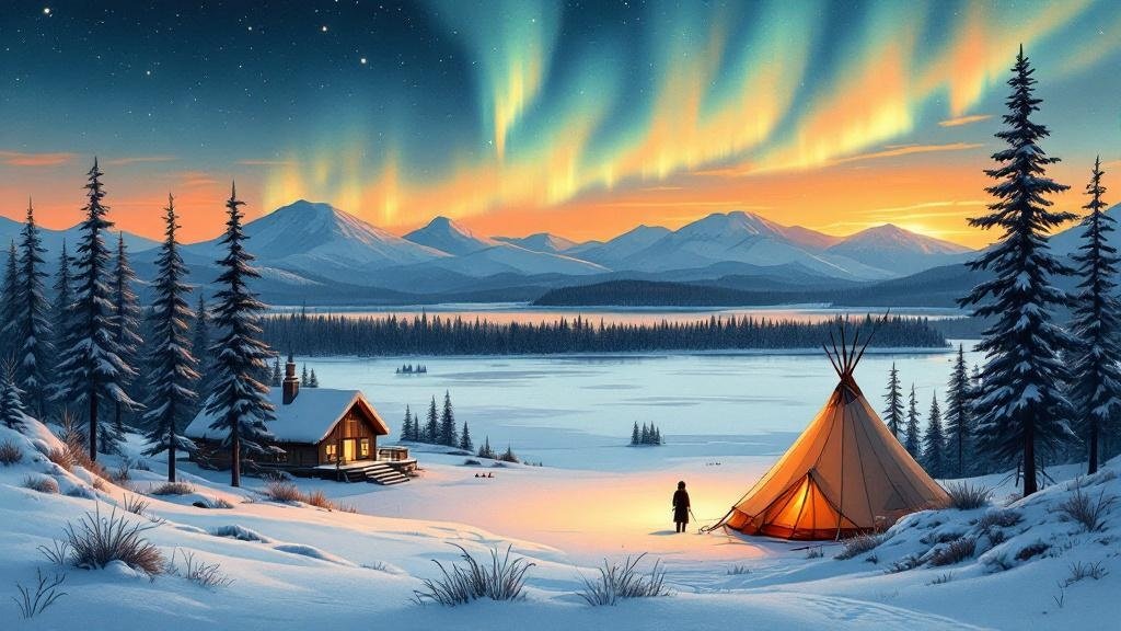 Illustrated Sámi heartland: Siida museum, frozen Lake Inari, traditional lavvu tent, aurora overhead