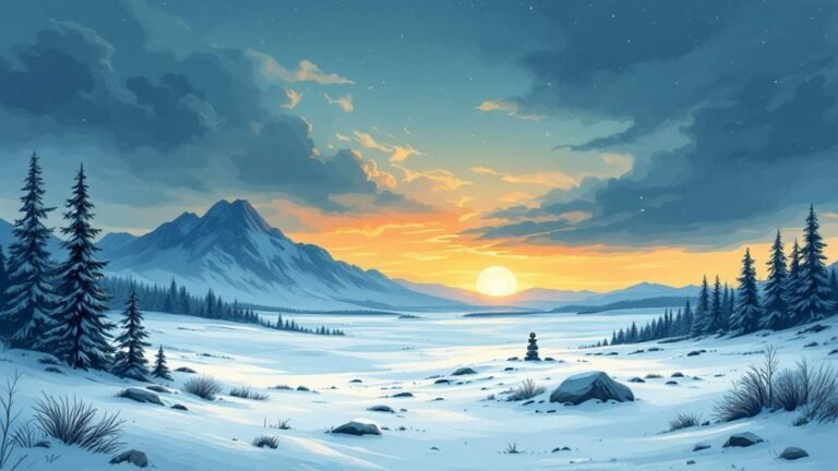 Illustrated dramatic landscape: treeless fjells, three-country cairn marker, vast empty wilderness