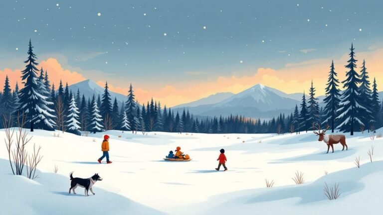 Illustrated kids in Lapland: child in husky sled basket, teen on snowmobile, toddler with reindeer, age-appropriate fun