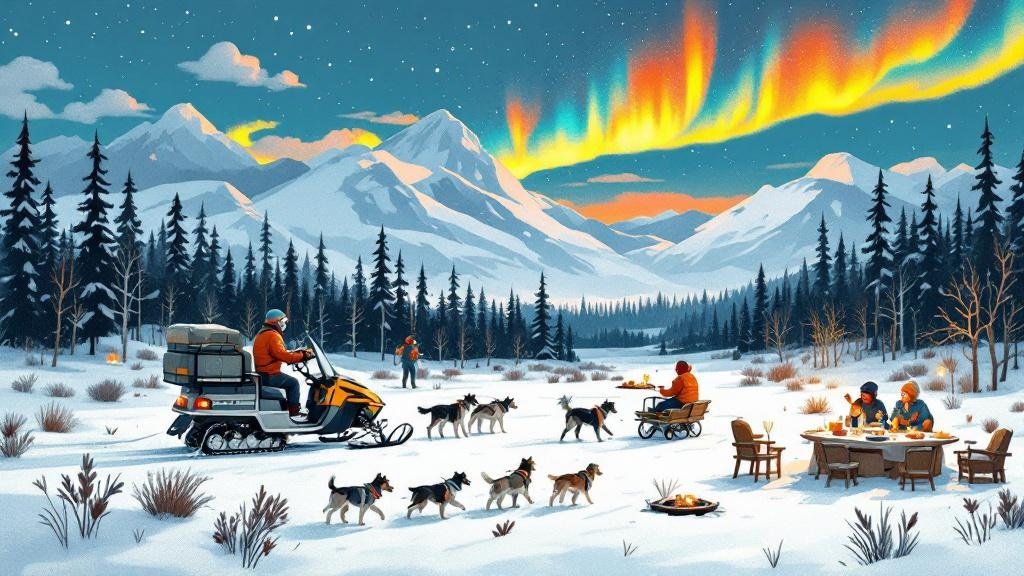 Illustrated day trip montage showing husky team, snowmobile safari, and aurora dinner experience