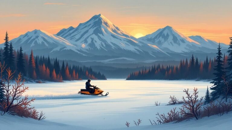Illustrated adventure: person on snowmobile crossing frozen lake, dramatic fell backdrop