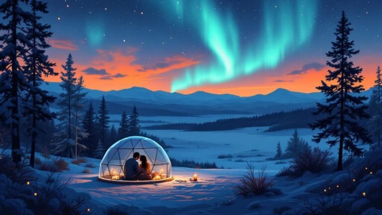 Illustrated romantic scene: couple in glass igloo watching aurora, candles, private cozy atmosphere, tasteful warmth