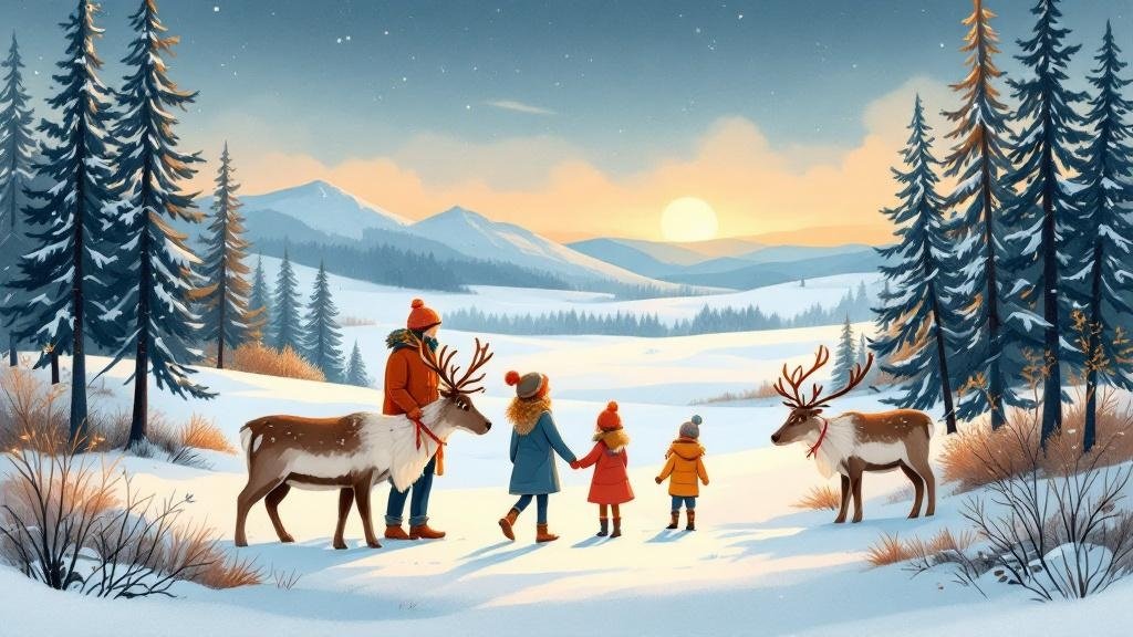 Illustrated family scene: parents and kids meeting reindeer, snowy setting, warm and joyful, children's book quality