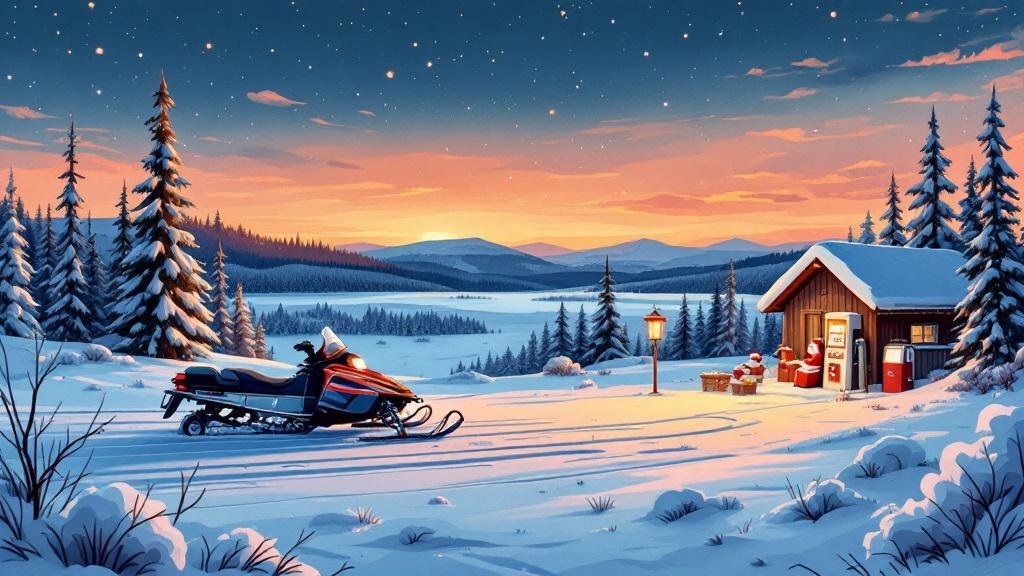 Illustrated surprise costs: comical hidden price tags popping up from snowmobile, Santa photo, fuel pump