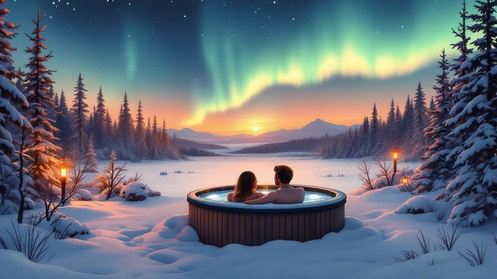 Illustrated romantic: couple watching aurora from private cabin hot tub, snow around, intimate warm lighting